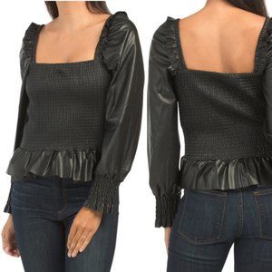 7 FOR ALL MANKIND Square Neck Smocked Faux Leather Top